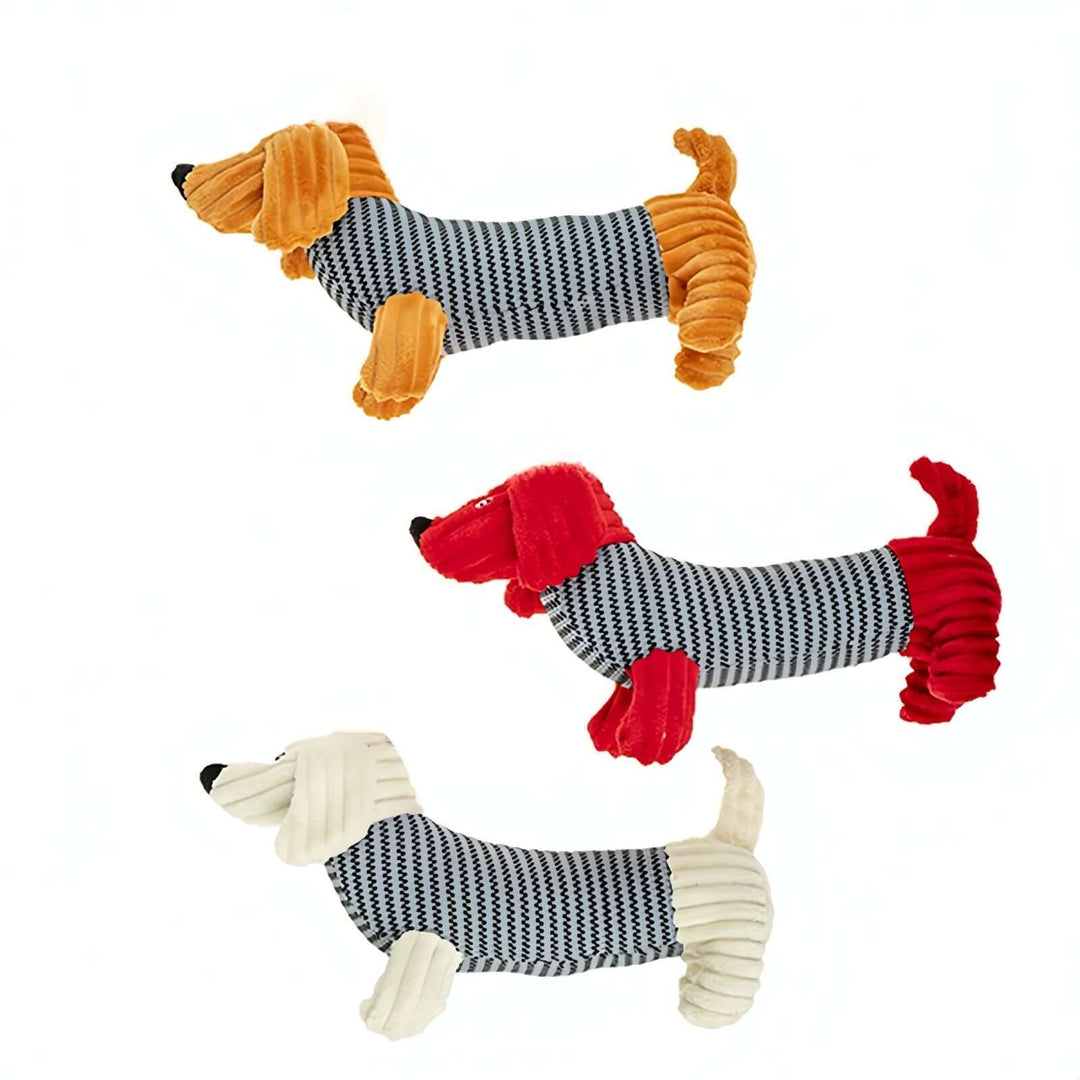 Three plush sausage dog toys in orange, red, and white, perfect for pet playtime, affordable and quality chew toys.