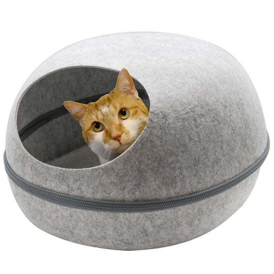 Large grey igloo-style cat bed with zipper, featuring a paw-shaped ventilation hole and a cozy interior.