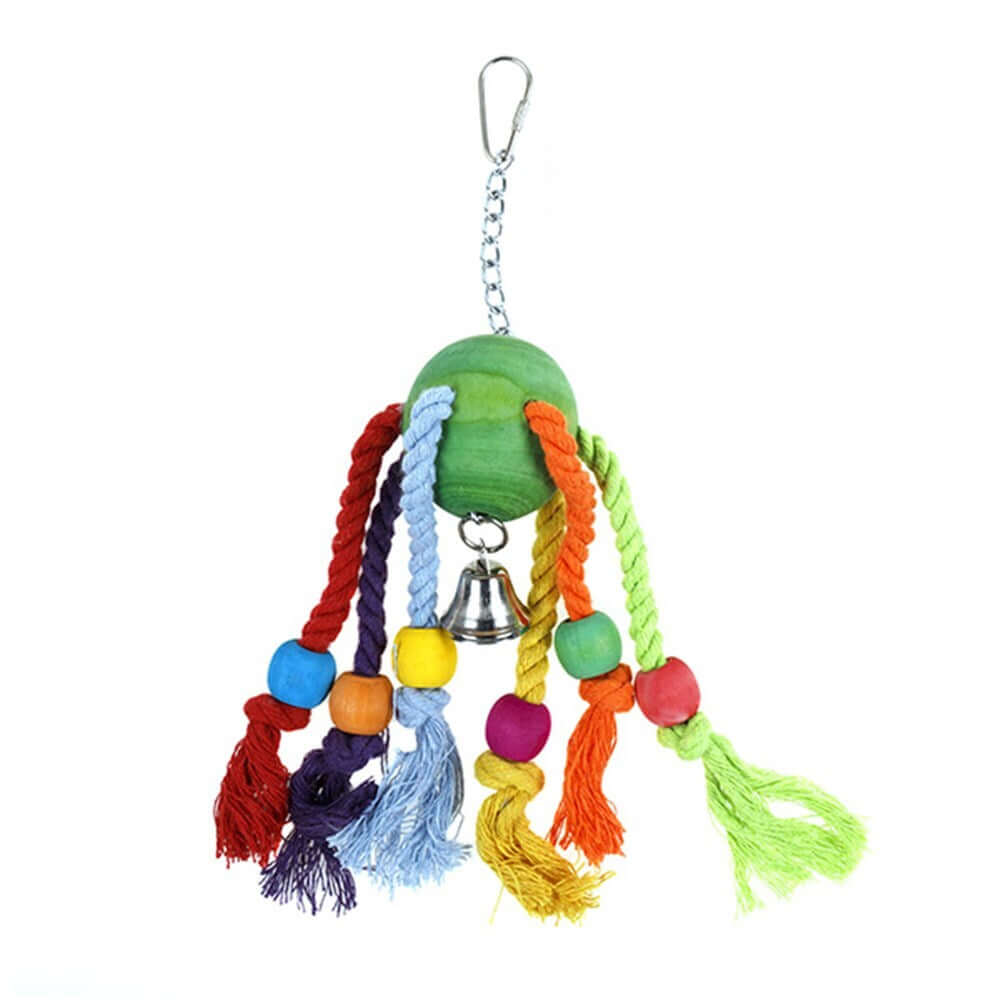 Colorful hanging bird toy with ropes and bell, ideal for parakeets, cockatiels, and small parrots, promoting play and intelligence.