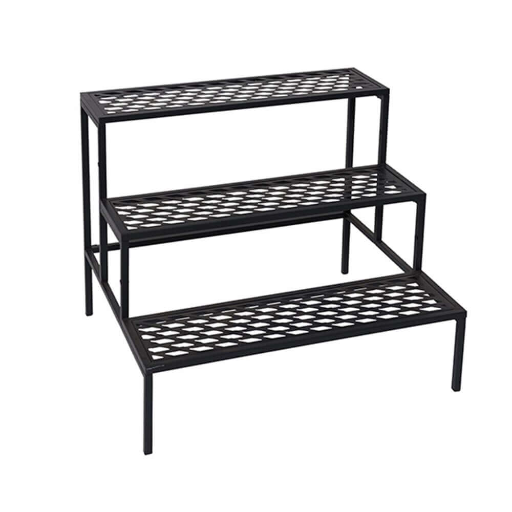 3 Tier Metal Plant Stand with elegant design and spacious shelves for displaying flowers and plants in any outdoor space.