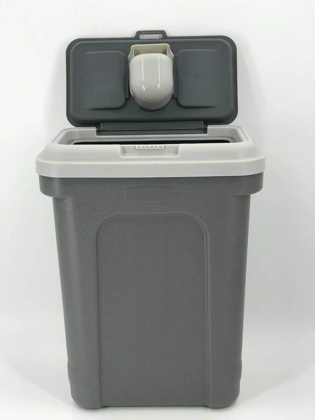 Pet food storage container with scoop, 45L capacity, BPA free, durable design in gray, ideal for dogs and birds.