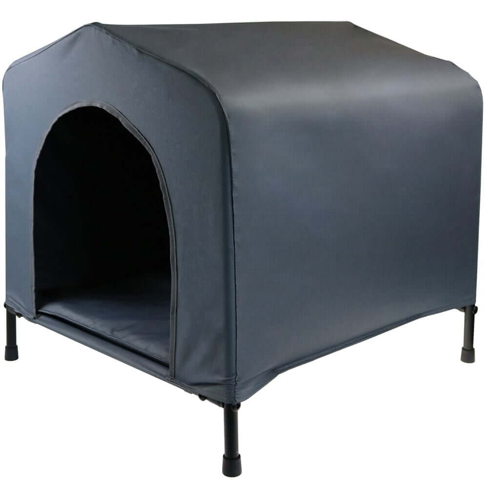 Grey portable dog kennel house with cushion, flea and mite resistant, elevated design for comfort and temperature regulation.