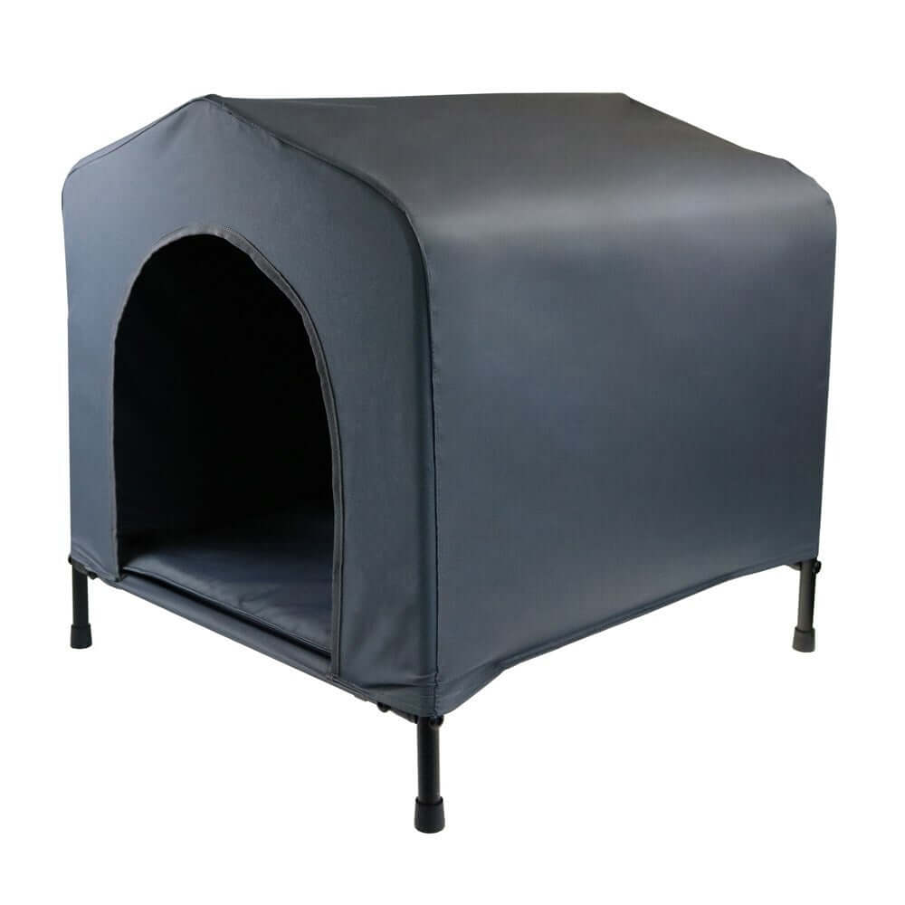 Grey portable dog kennel house, elevated design with cushion, resistant to fleas and mites, affordable quality pet shelter.