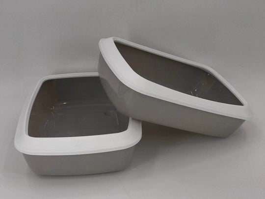 2 small portable cat litter box trays in gray with high walls for minimal mess and easy cleaning. Affordable quality pet care.