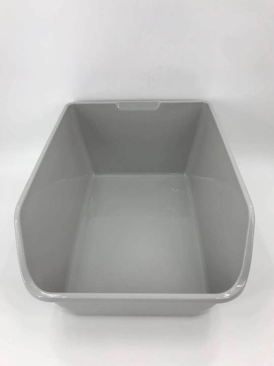 Gray XL portable cat litter tray with high walls and a raised back design for easy cleaning and minimal mess.