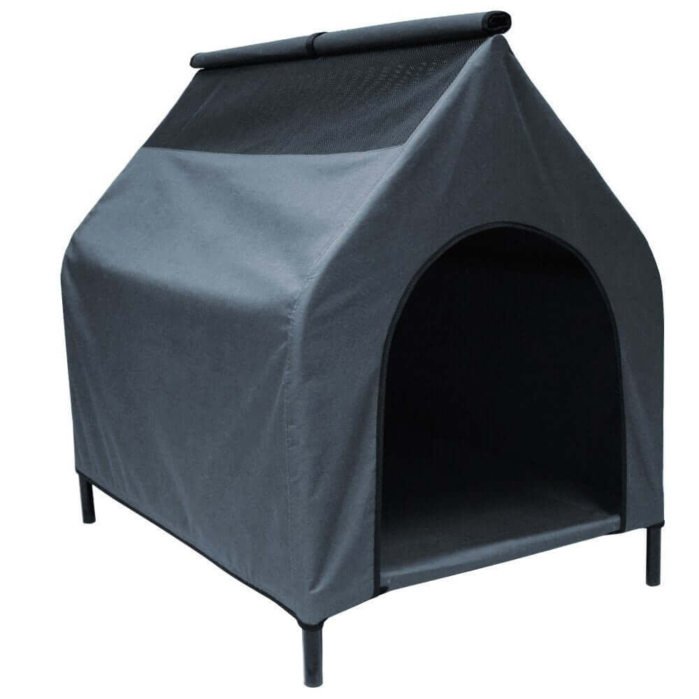 Grey XL waterproof portable dog kennel house, outdoor/indoor, easy to clean, flea and mite resistant.