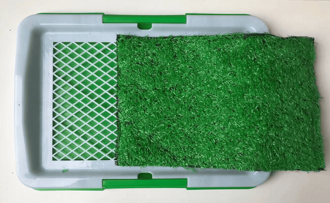 Small portable dog potty training tray with artificial grass pad, ideal for puppy toilet training.