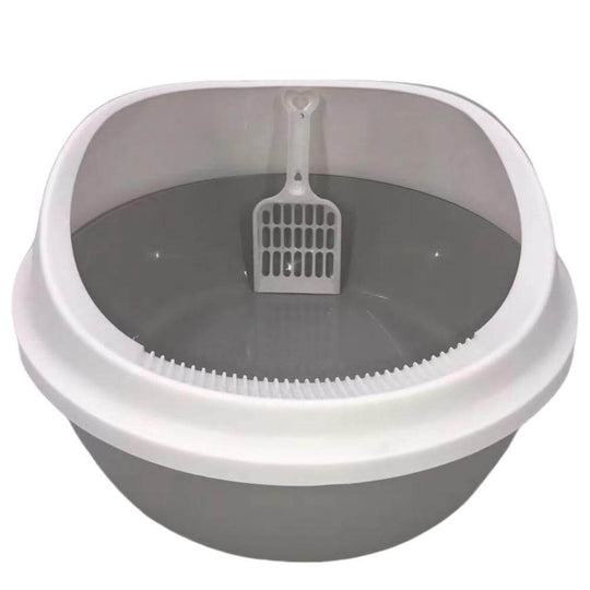 Grey round portable cat toilet litter box with scoop, designed for easy cleaning and minimal mess.