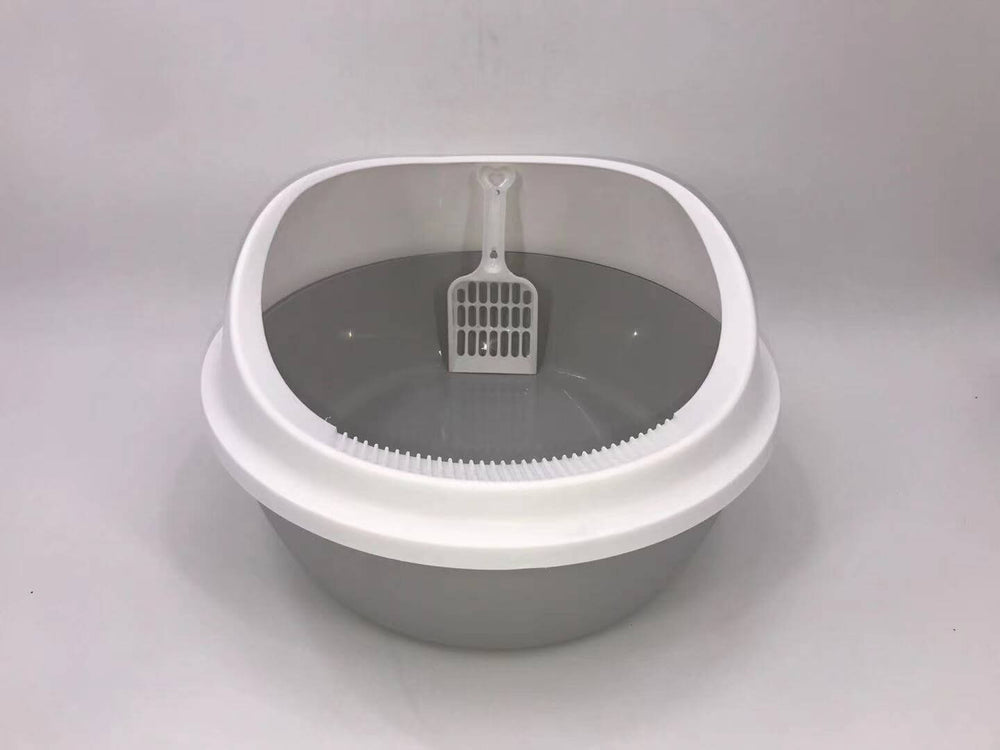 Portable grey round cat toilet litter box tray with scoop, designed for easy cleaning and minimal mess.