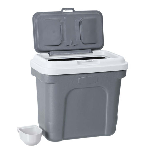 30L grey pet food storage container with scoop, durable and moisture-resistant design for fresh pet food.