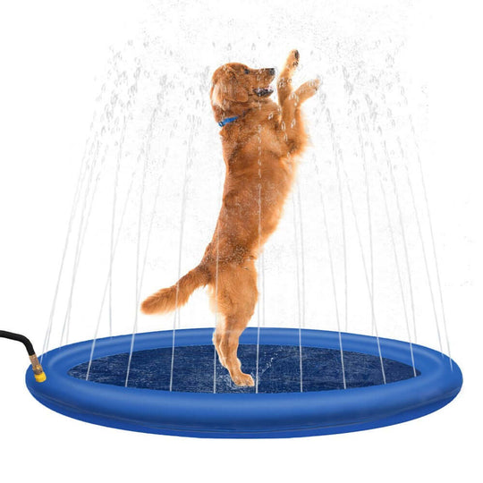 Happy dog enjoying a 100cm pet sprinkler splash pad, perfect for cooling off in warm weather.