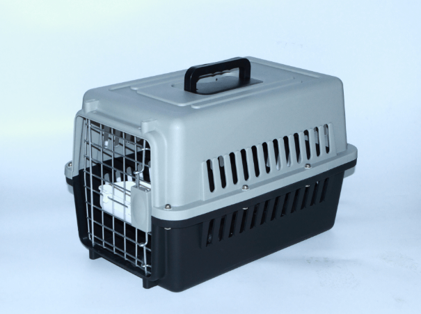 YES4PETS small pet airline carrier crate in black and gray, durable with ventilation slots and ergonomic handle.