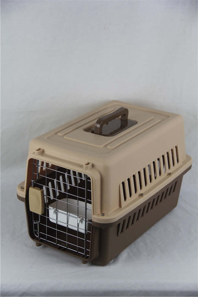 YES4PETS small dog cat rabbit crate carrier brown with bowl, lightweight and durable design for travel.