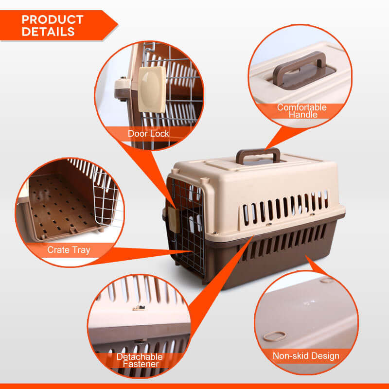 YES4PETS small dog cat rabbit crate carrier features, including door lock, comfortable handle, and crate tray.