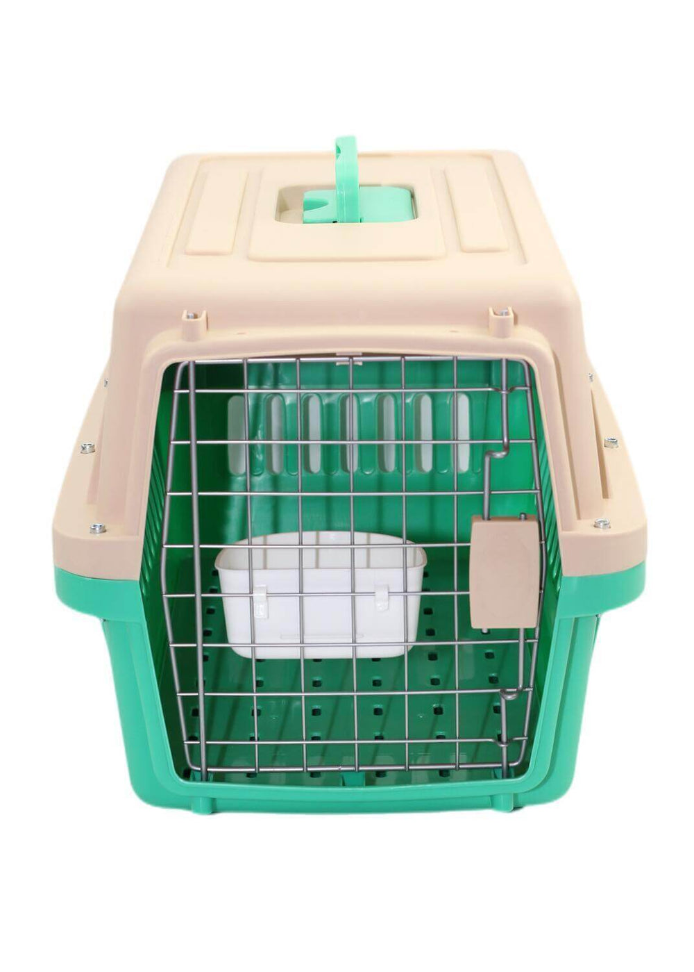 Affordable green pet airline carrier with bowl and tray for small dogs and cats, featuring secure metal door and ergonomic handle.