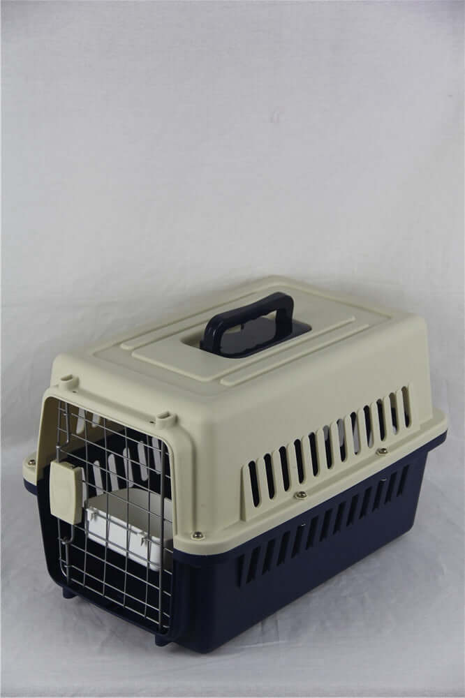 YES4PETS dark blue pet carrier crate for small dogs and cats with ergonomic handle and ventilation slots.