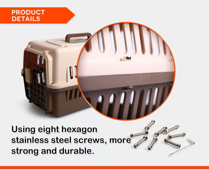 Product details of YES4PETS pet carrier highlighting durable stainless steel screws for added strength.