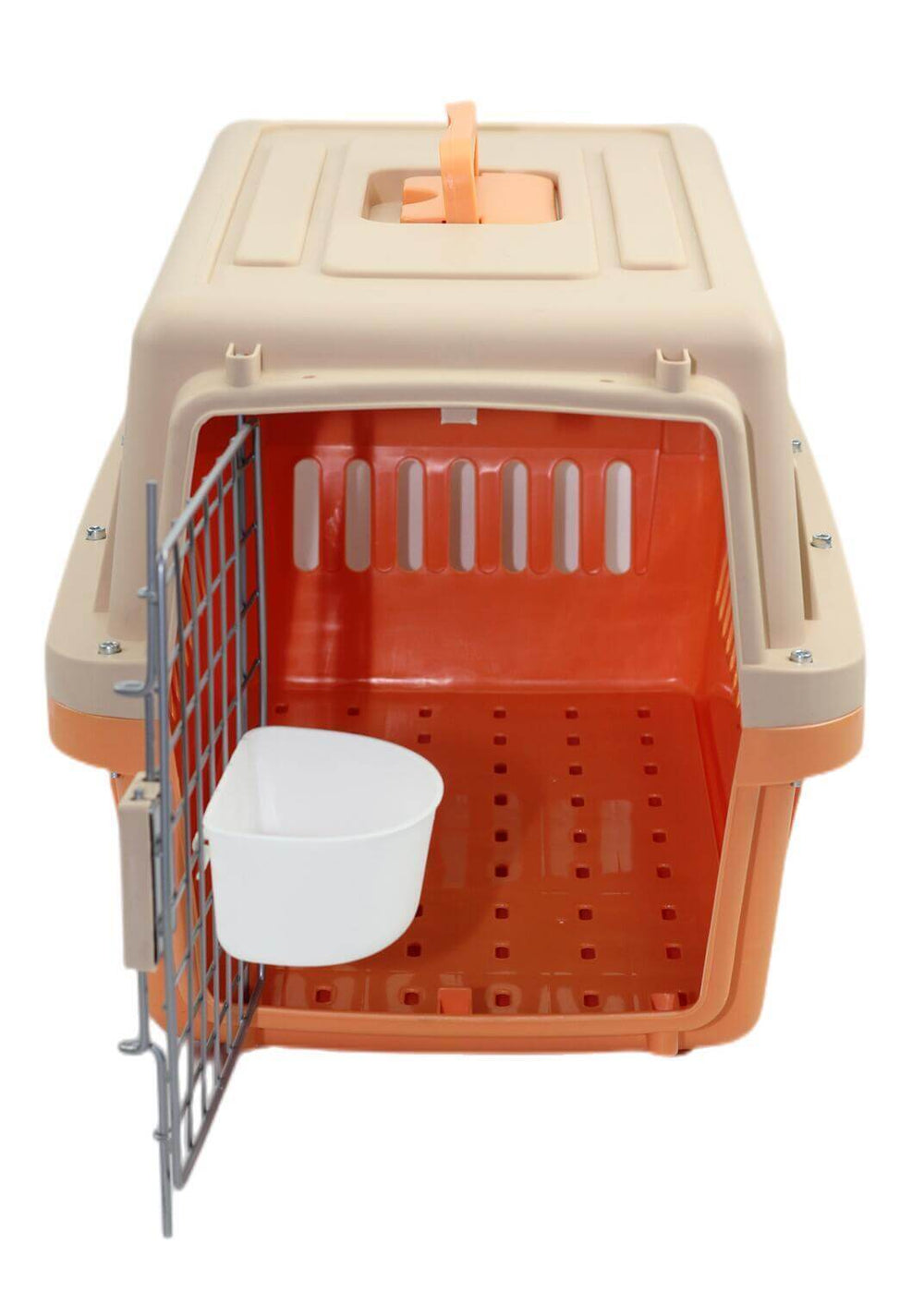 Affordable YES4PETS small dog cat crate, lightweight carrier with bowl and tray for travel, orange color.