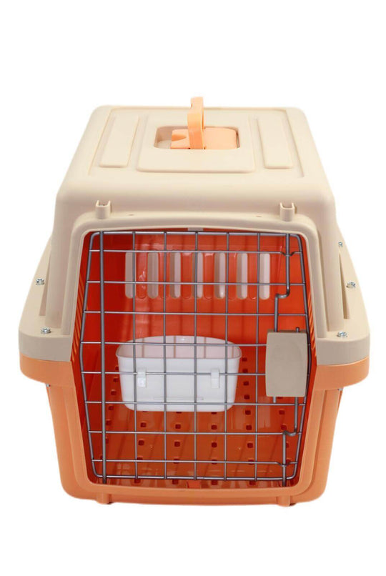 Affordable orange pet carrier crate for small dogs and cats with bowl and ventilation slots.