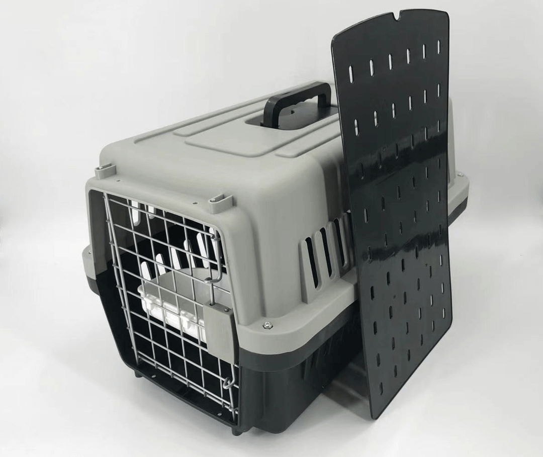 Medium dog and cat crate pet carrier in black and gray, featuring a large entrance and removable tray for easy access.