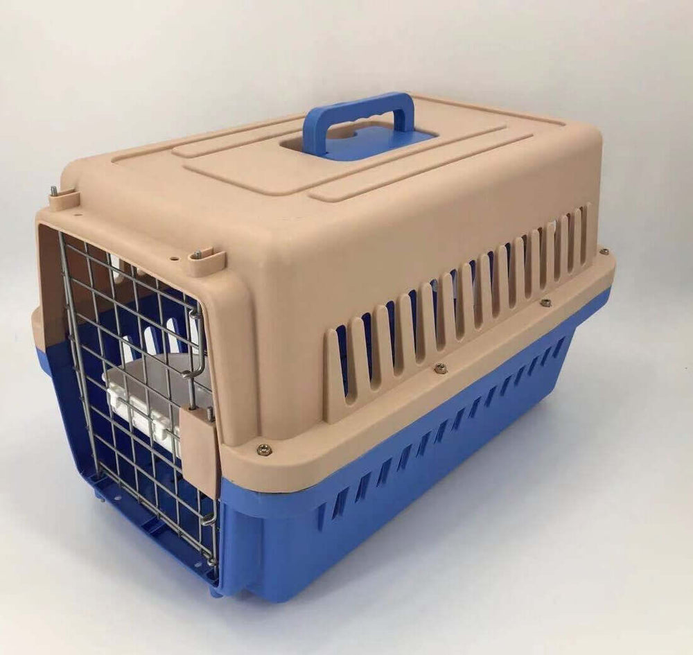 YES4PETS Medium Dog Cat Crate Carrier in blue and beige with ventilation and ergonomic handle, perfect for travel.