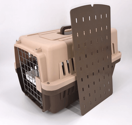 YES4PETS medium dog cat crate in brown with open door, lightweight and durable for travel.