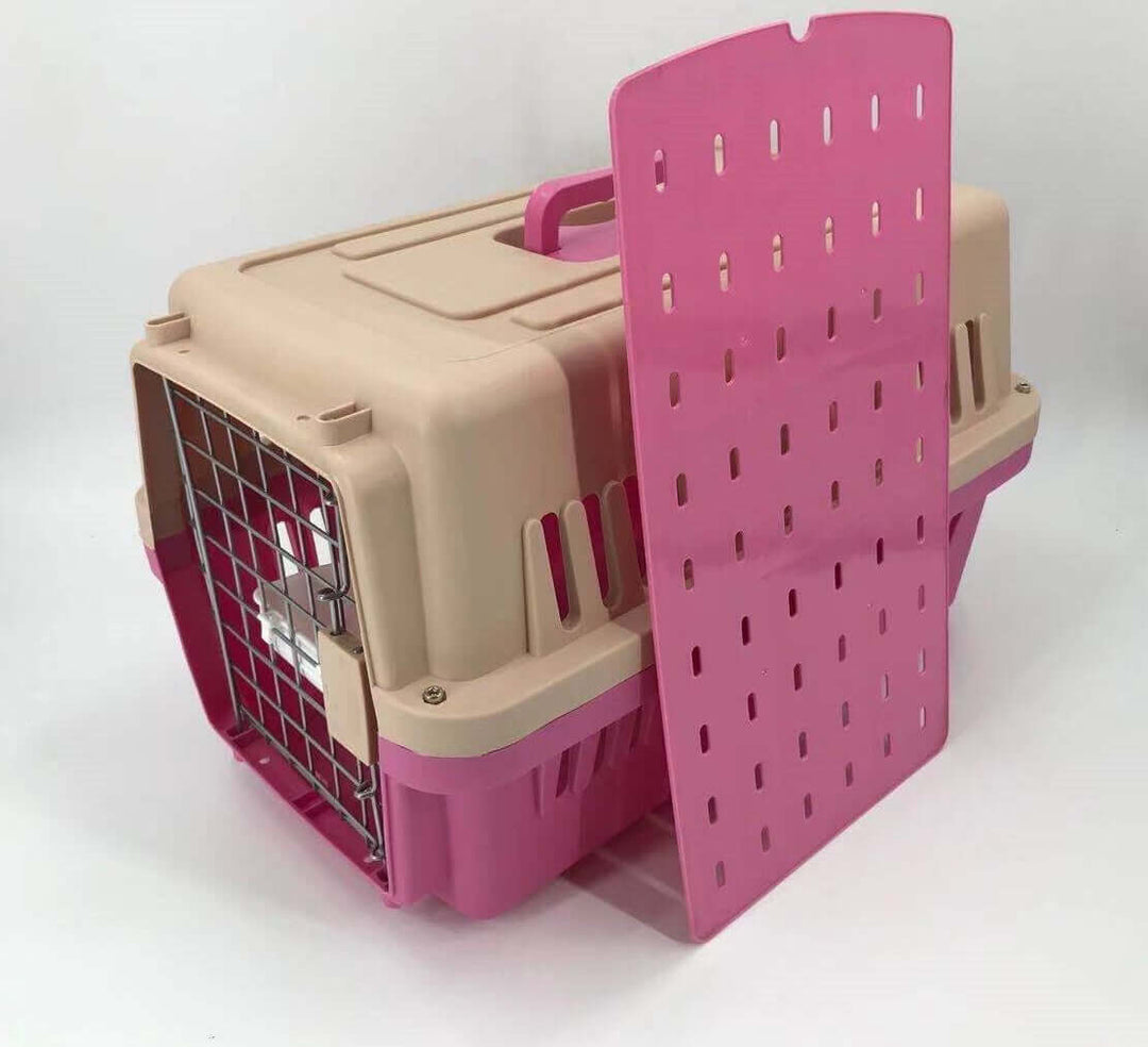 YES4PETS medium dog cat crate carrier in pink with bowl and tray, lightweight and durable for airline travel.