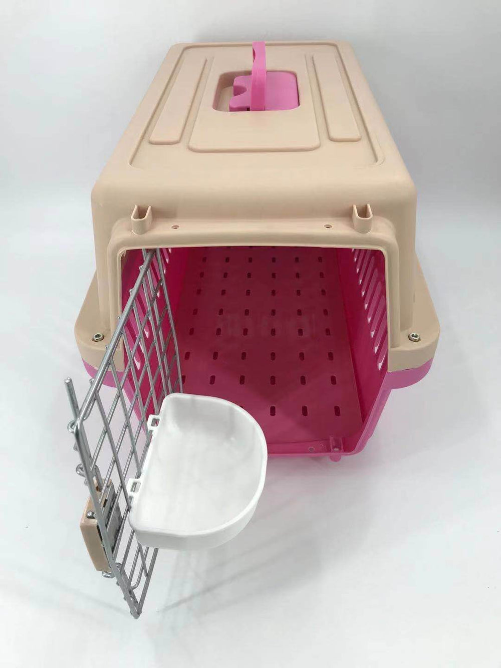 Lightweight YES4PETS medium pet carrier crate in pink, featuring a bowl, tray, large entrance, and ventilation slots.