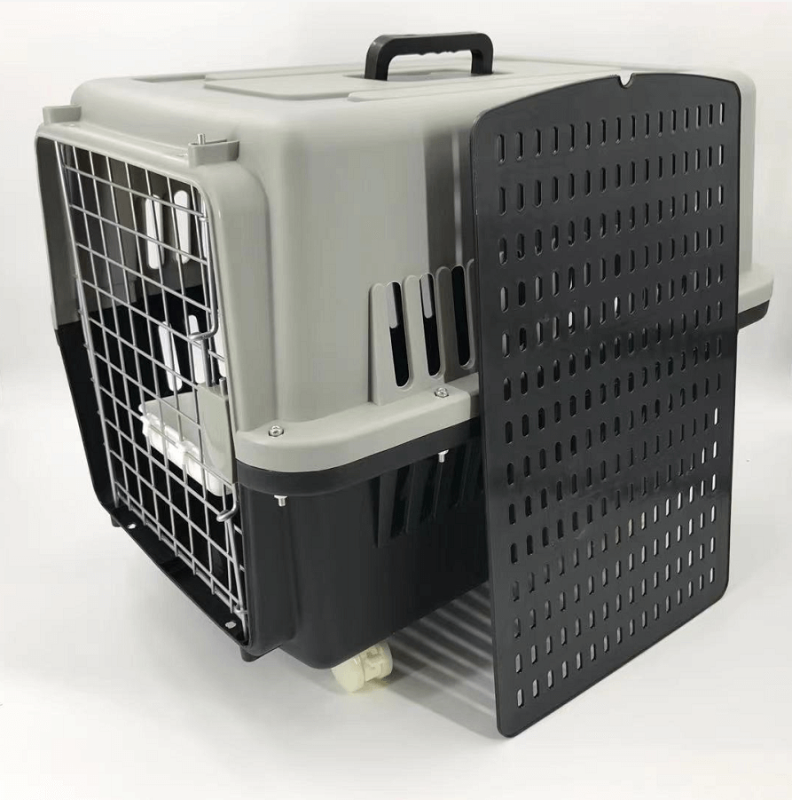 Affordable black and gray large pet carrier with removable wheels and ventilation, ideal for dogs and cats.