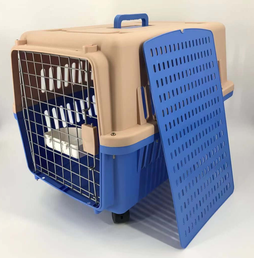 Affordable blue large pet carrier crate for dogs and cats with tray, bowl, wheels and ergonomic handle.