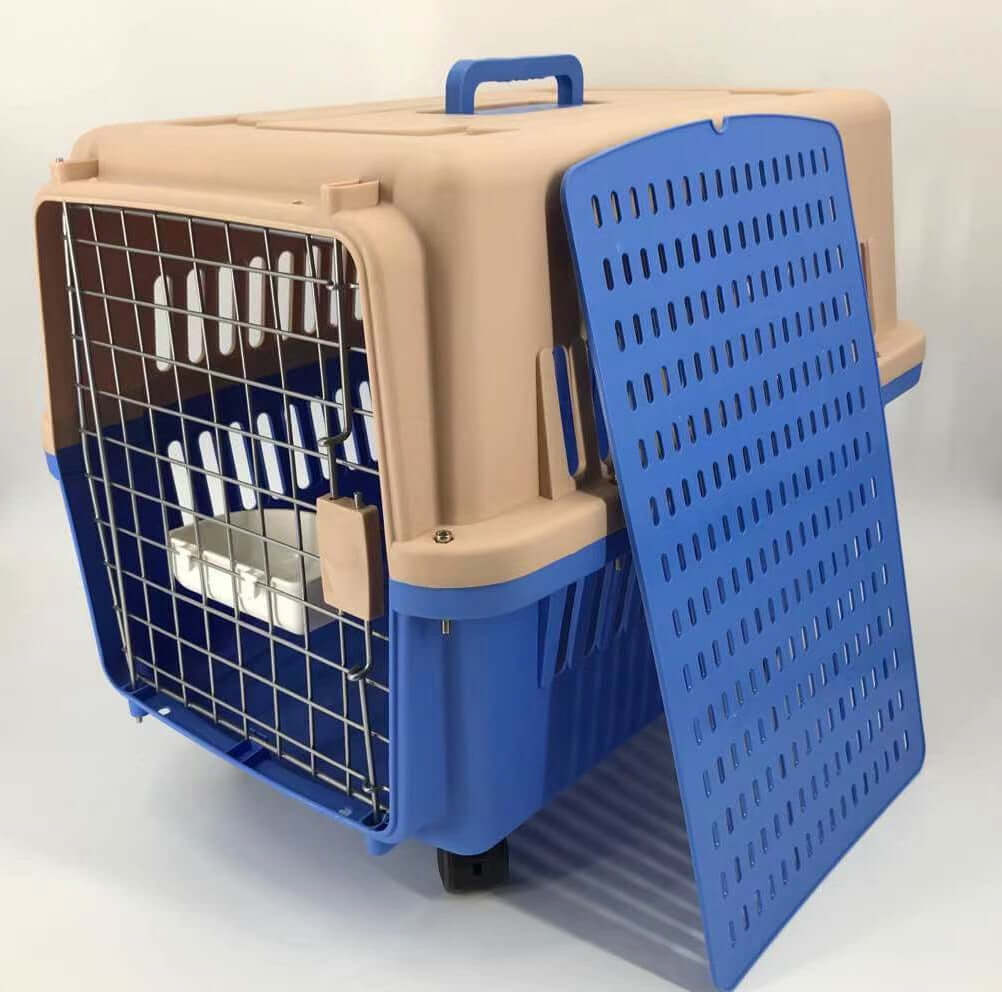 YES4PETS blue dog and cat crate carrier with tray, bowl, and wheel for affordable travel.