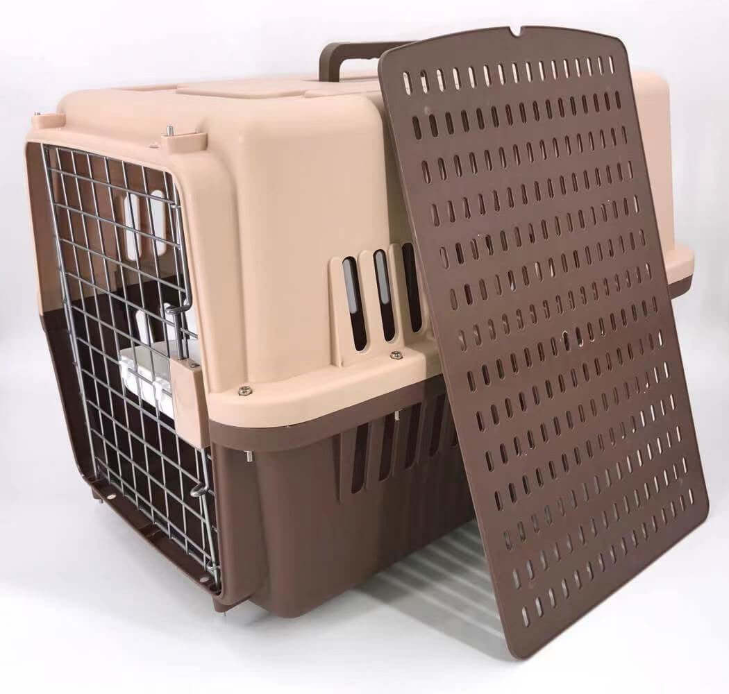 Affordable large airline dog cat crate carrier with ventilation, tray, and bowl in brown design.