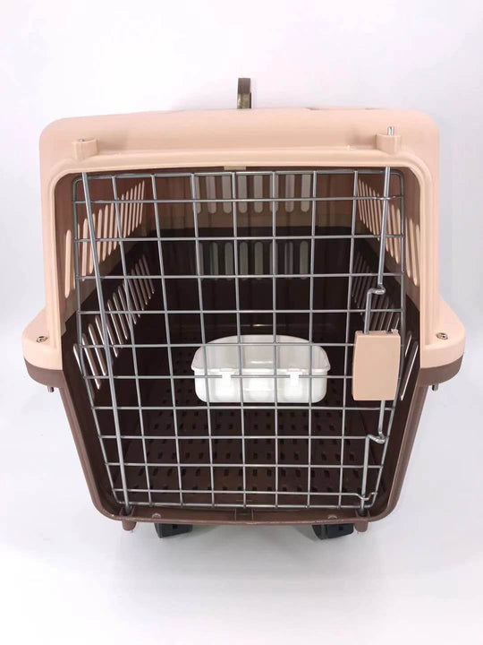 Large brown airline dog cat crate carrier with tray and bowl, lightweight, durable, secure for travel.