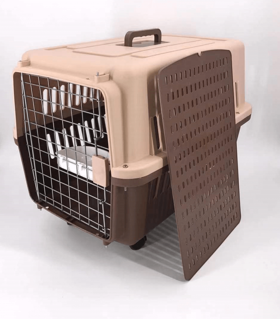 Affordable brown large dog crate with tray, bowl, and wheels for easy travel and storage.