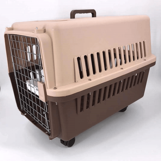 Affordable brown dog crate carrier with tray, bowl, and wheels; perfect for small to medium pets.