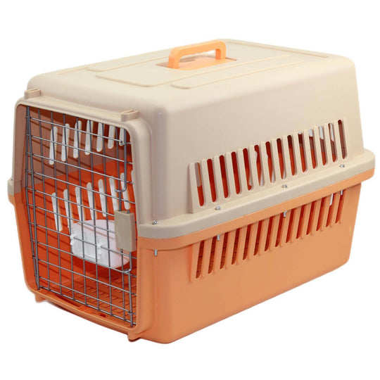 Quality affordable orange airline dog cat crate pet carrier with tray and bowl, lightweight and durable for travel.