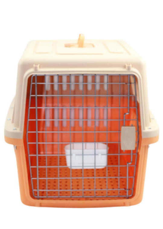 Affordable and lightweight orange dog and cat crate with tray, designed for airline travel, featuring ventilation slots.