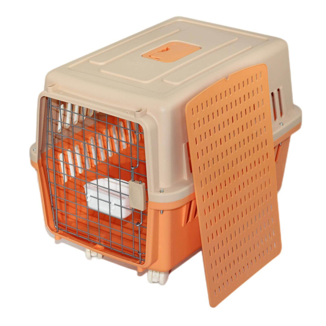 Orange dog cat crate carrier with removable tray, bowl, and wheels for easy travel and storage.