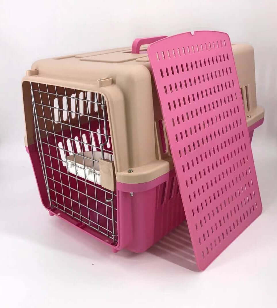 Affordable YES4PETS large dog cat crate pet carrier in pink with tray and bowl, lightweight, durable design.