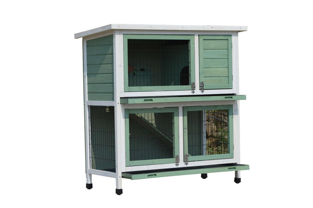 Green double storey rabbit hutch with four access doors and ramp for small animals like guinea pigs and ferrets.