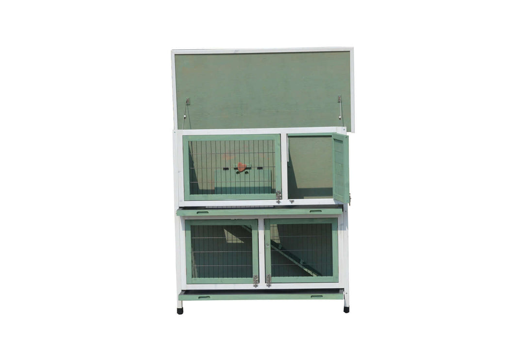 Affordable green double-storey rabbit hutch for guinea pigs and ferrets with spacious access doors and waterproof design.