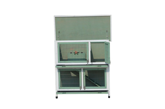 Affordable green double-storey rabbit hutch for guinea pigs and ferrets with spacious access doors and waterproof design.