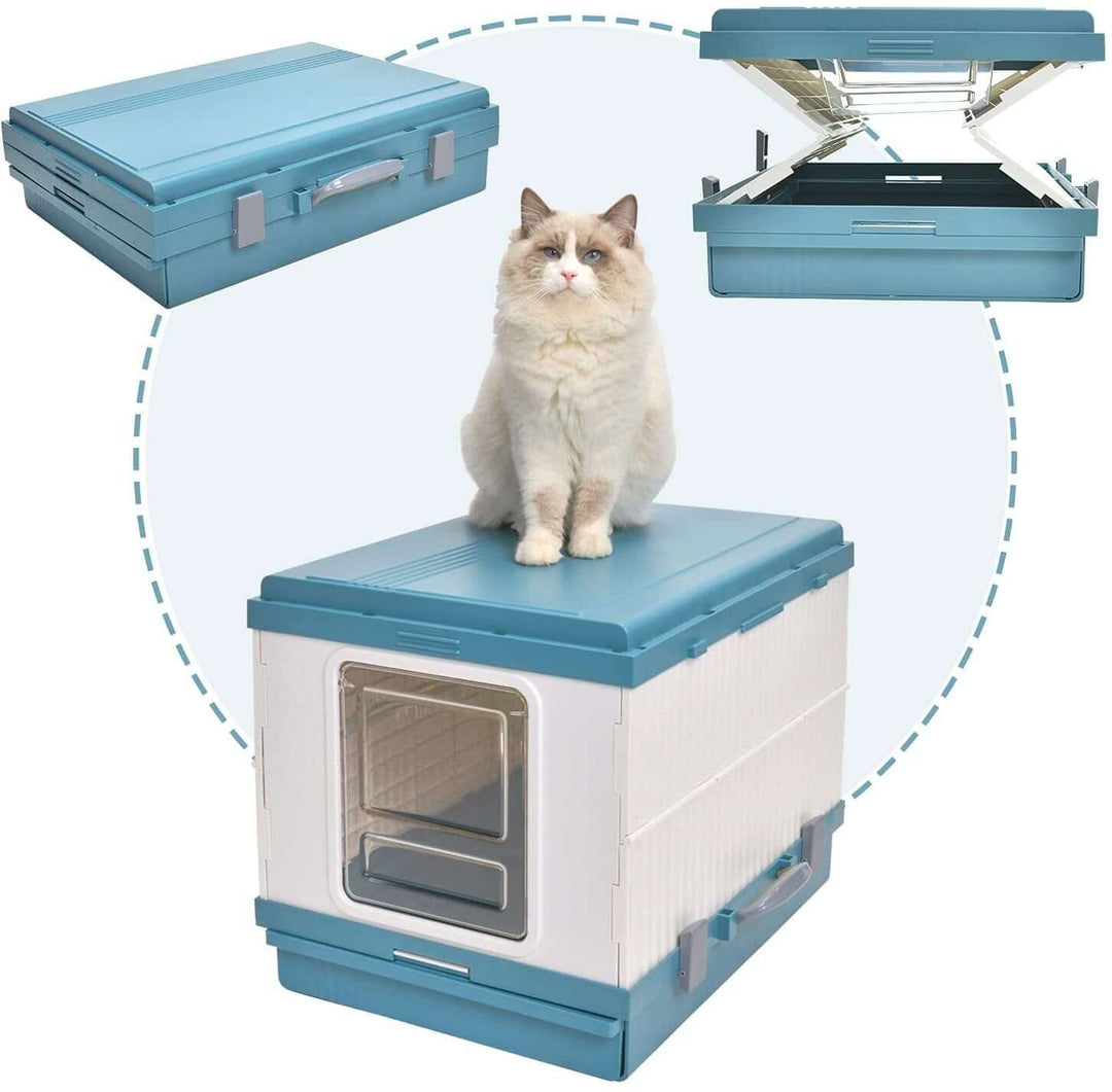 XL Portable Cat Toilet Litter Box Tray in blue with cat, foldable design, handle, and lid for odor control and privacy.