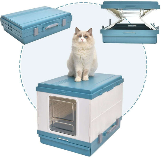 XL Portable Cat Toilet Litter Box Tray in blue with cat, foldable design, handle, and lid for odor control and privacy.