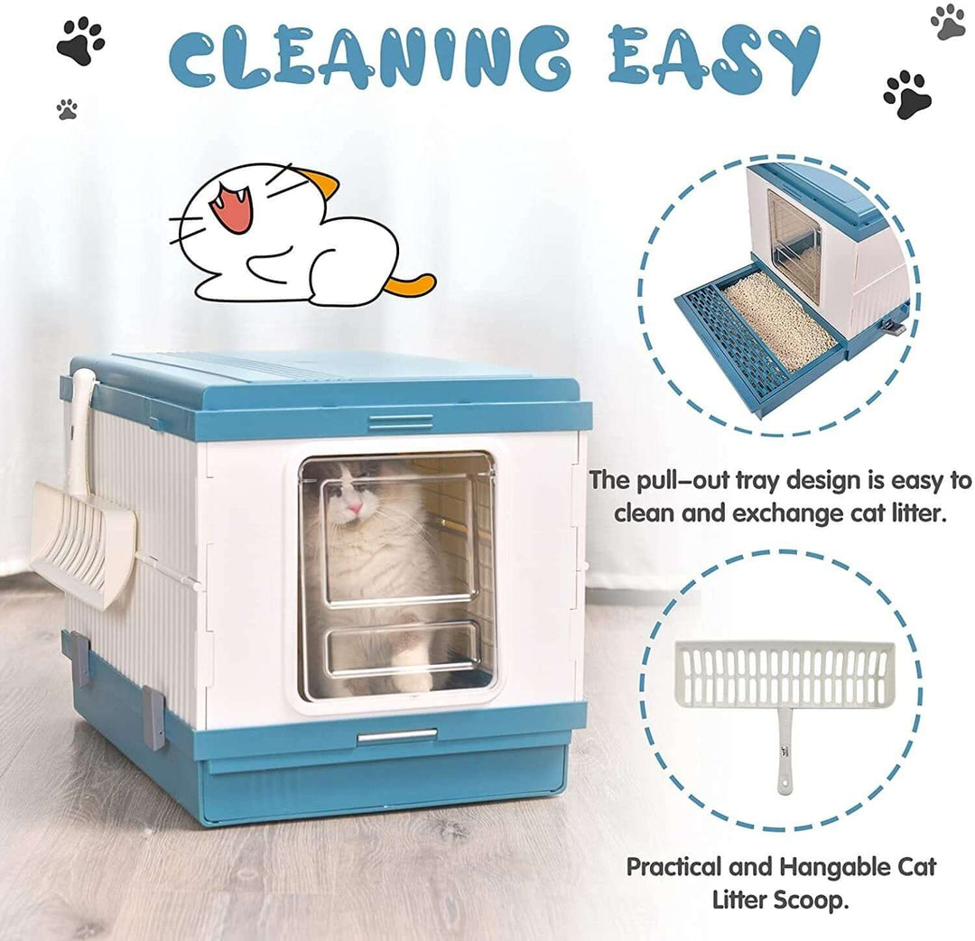 XL portable cat toilet litter box with pull-out tray for easy cleaning and practical hangable scoop in blue.