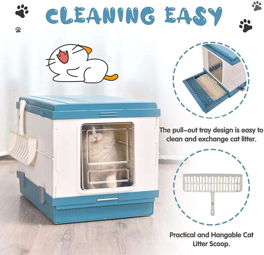 XL portable cat toilet litter box with pull-out tray for easy cleaning and practical hangable scoop in blue.