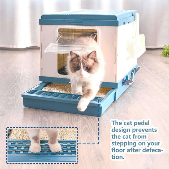 Cat using YES4PETS XL Portable Litter Box with pedal design to prevent tracking litter on the floor, affordable and quality solution.