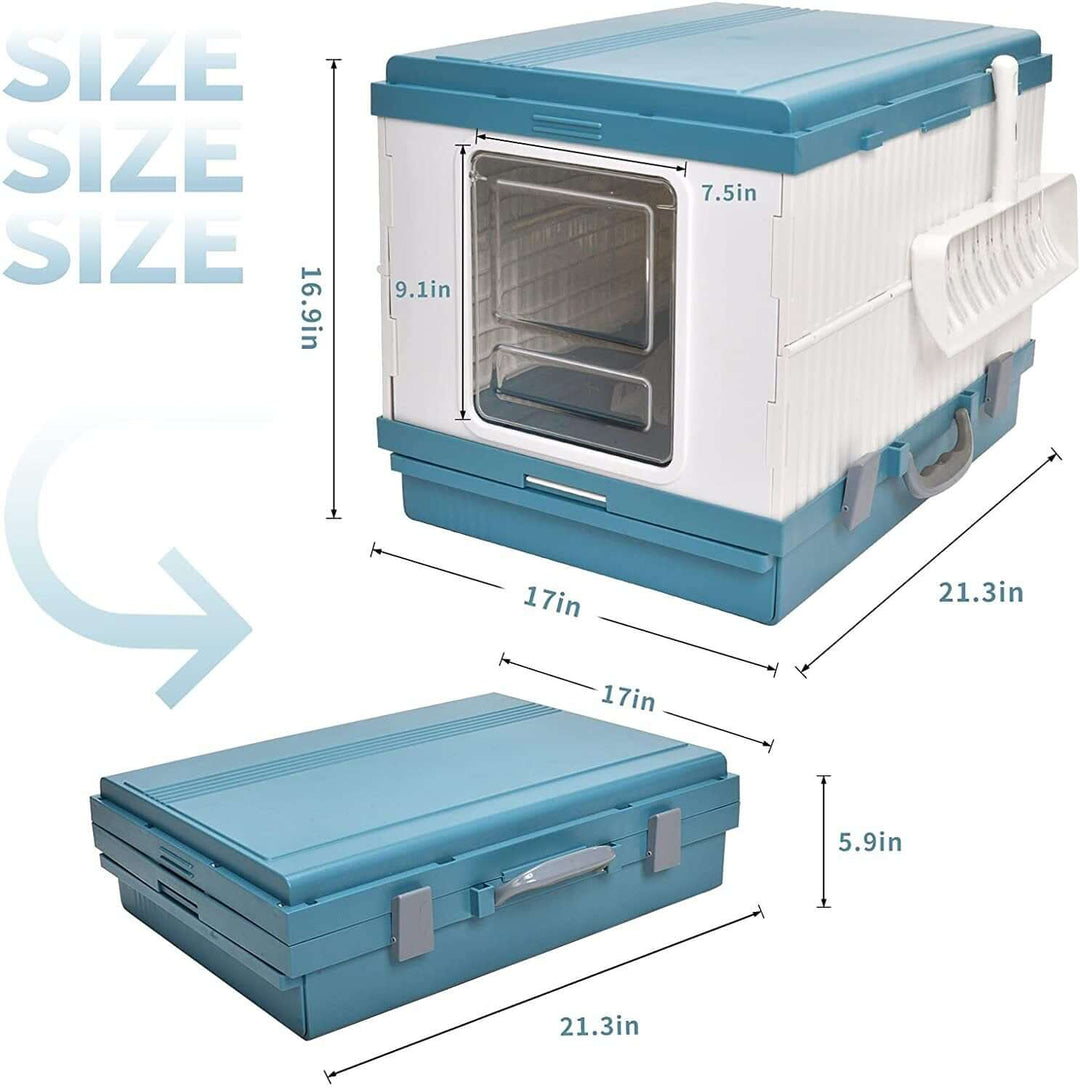 Size dimensions of YES4PETS XL Portable Cat Toilet Litter Box Tray, foldable design for easy storage and portability, blue color.