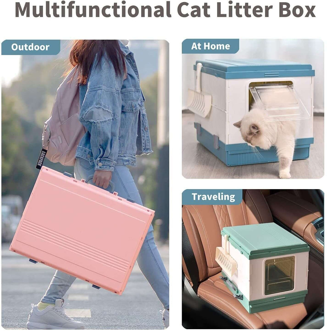 Multifunctional cat litter box for outdoor, home, and travel use, featuring a portable design and stylish colors.