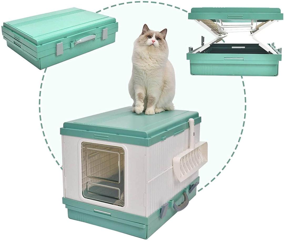 YES4PETS XL foldable cat toilet litter box in green, featuring a handle and scoop, with a cat on top for scale.